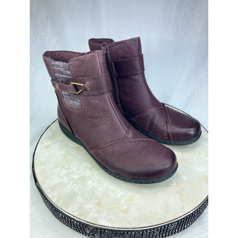 Clarks Collection Leather Ankle Boot Women 10 Burgundy Zip Knit 261220394075